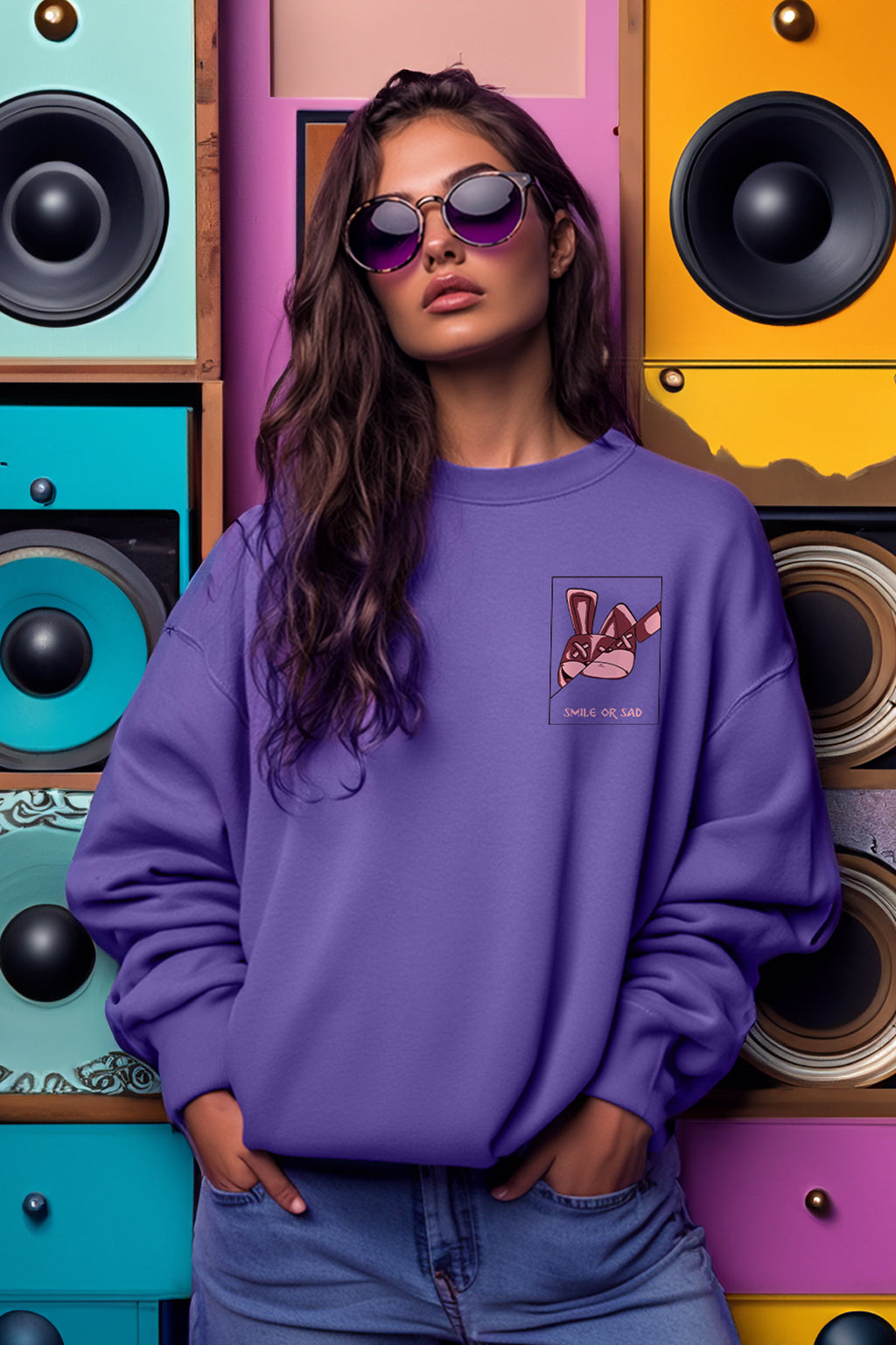Smile or Sad Graphic Printed Oversized Purple Sweatshirt