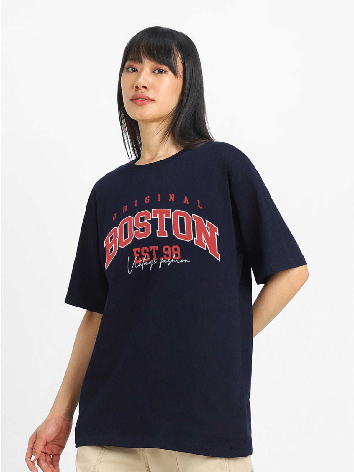Boston Navy Graphic Printed Oversized T-Shirt