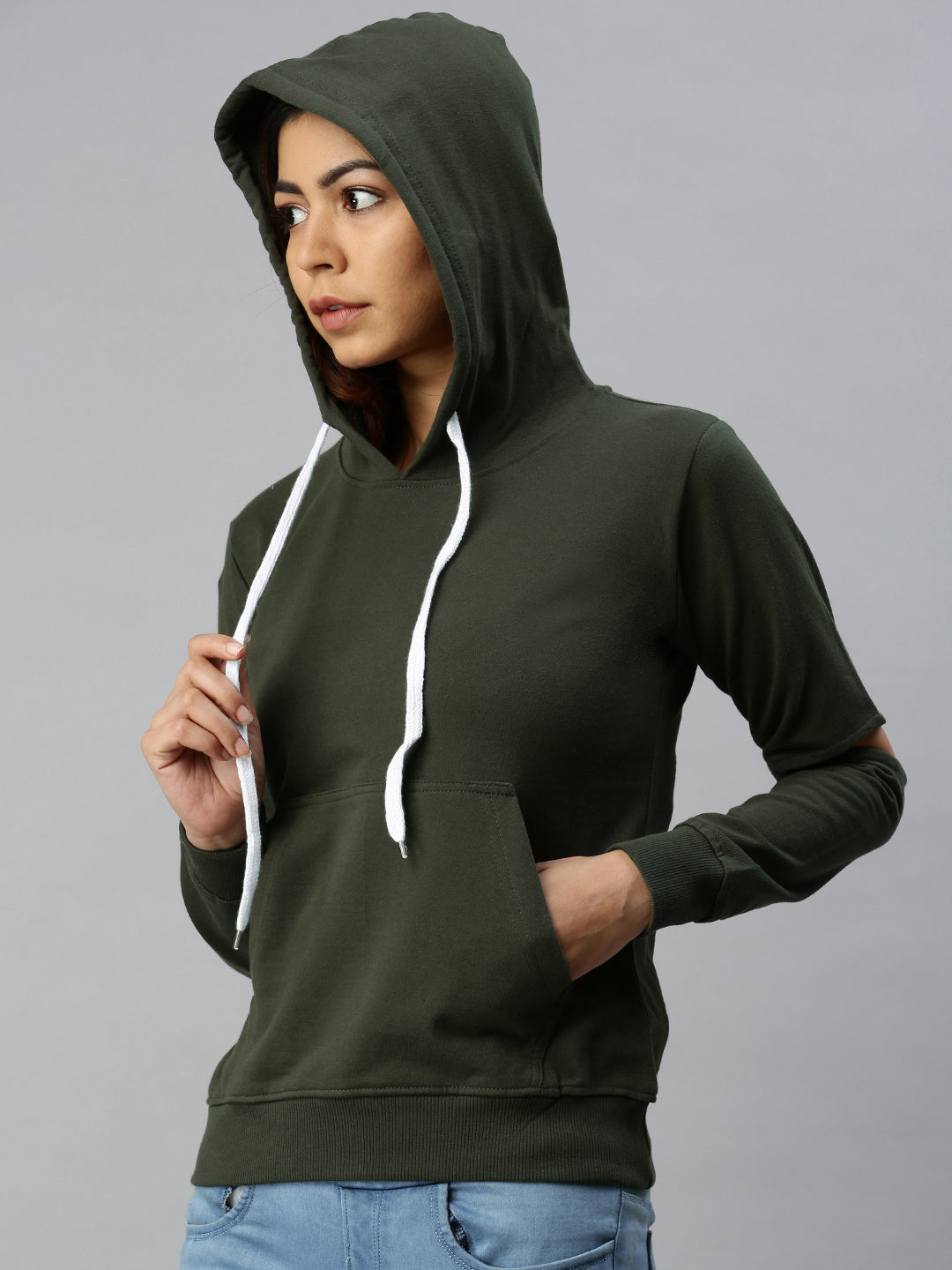 Plain Olive Elbow-Cut Regular Fit Hoodie