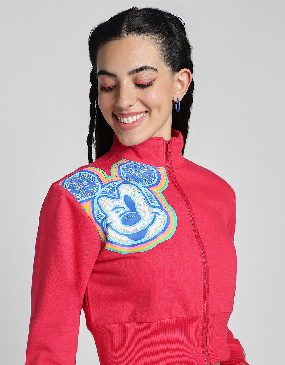 Mickey Mouse Printed Regular Fit Magenta Crop Jacket