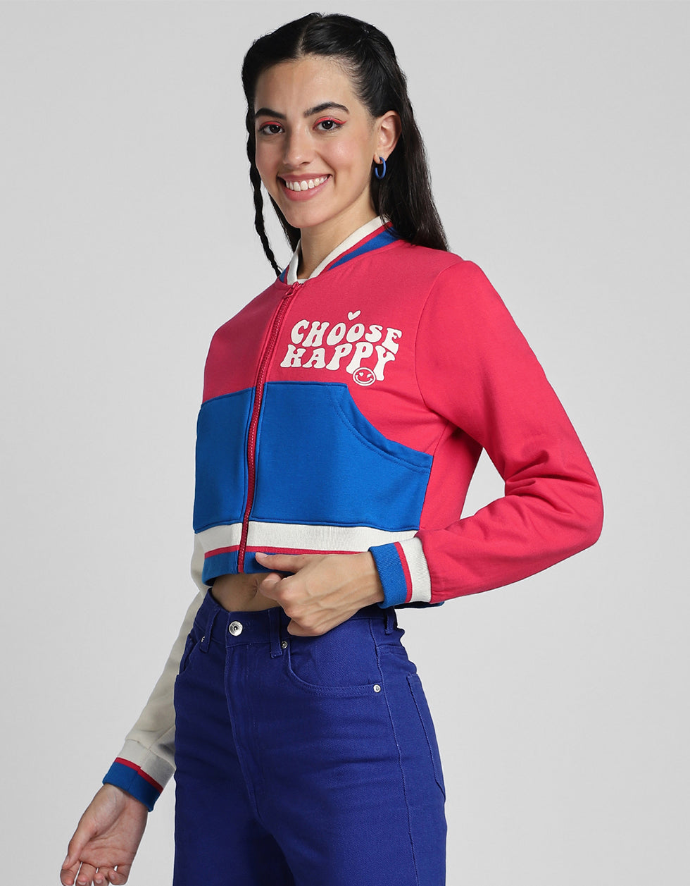 Choose Happy Printed Multicolor Color Blocked Regular Fit Zipper Hoodie