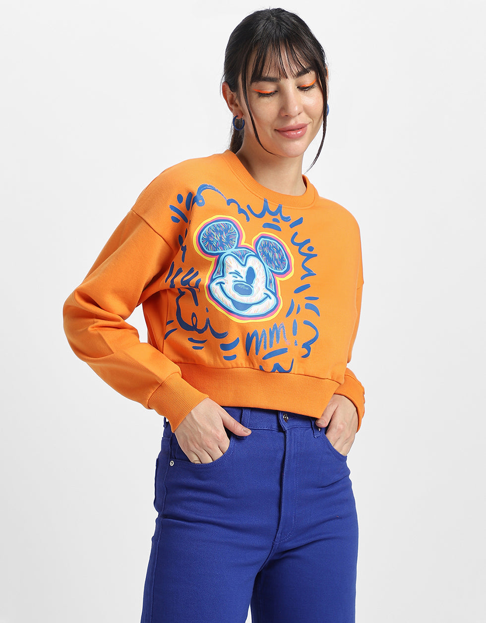 Mickey Mouse Graphic Printed Orange Oversized Sweatshirt