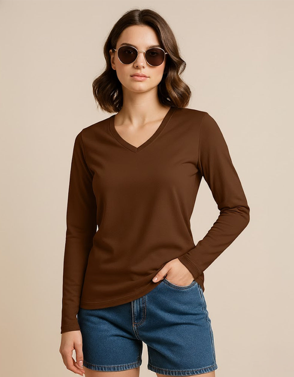 Brown V-Neck Plain Full Sleeve Regular Fit T-Shirt