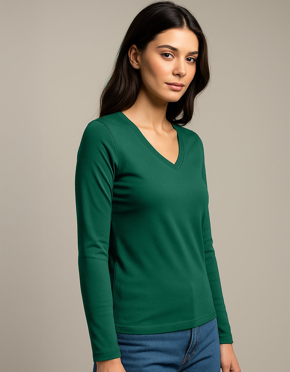 Green V-Neck Plain Full Sleeve Regular Fit T-Shirt