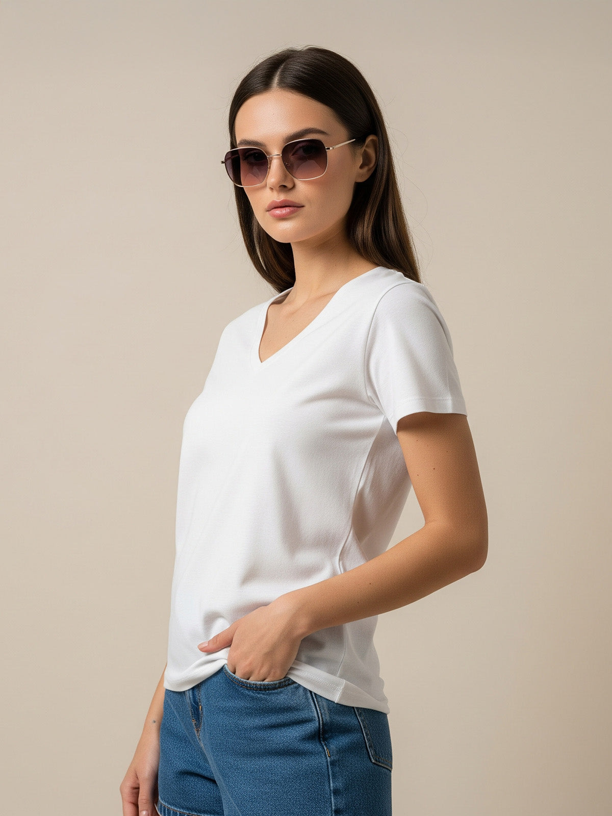 White Plain V-Neck Regular Fit T-Shirt