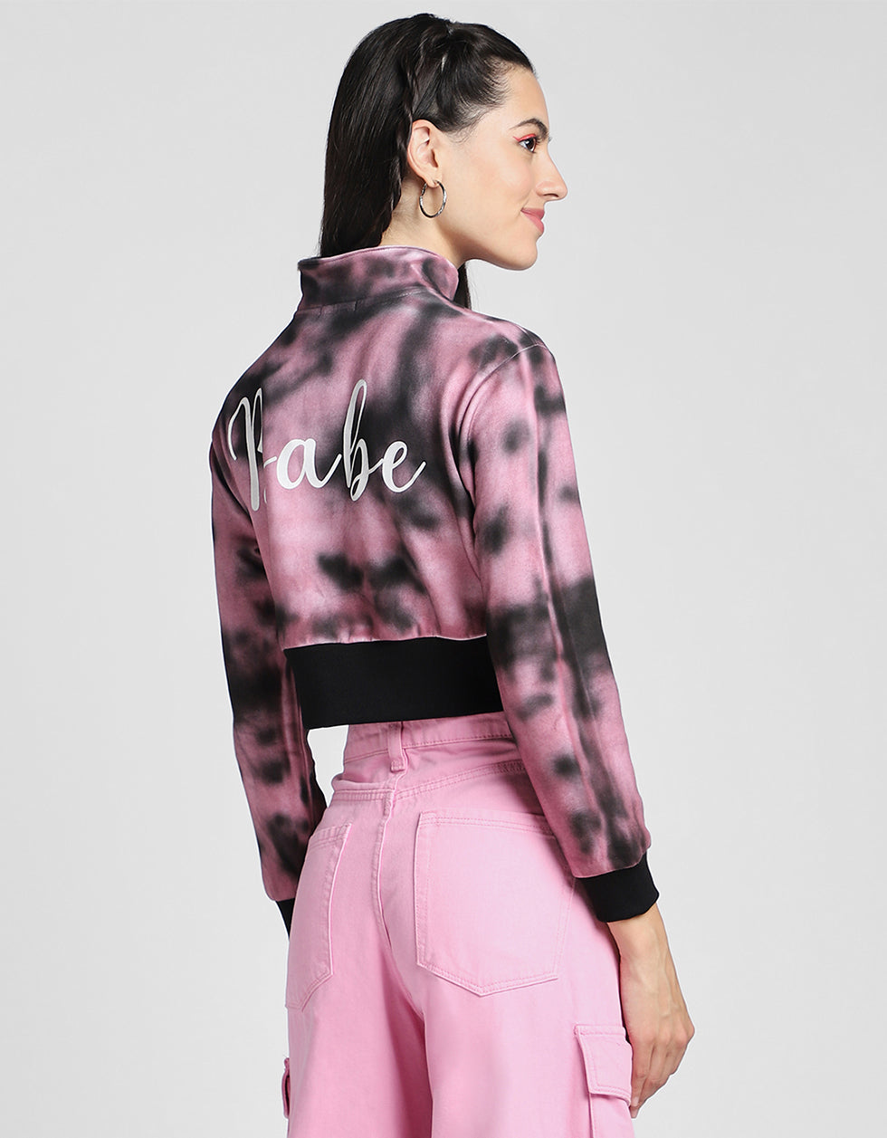 Babe Printed Tie-Dye Regular Fit Purple Zipper Crop Jacket