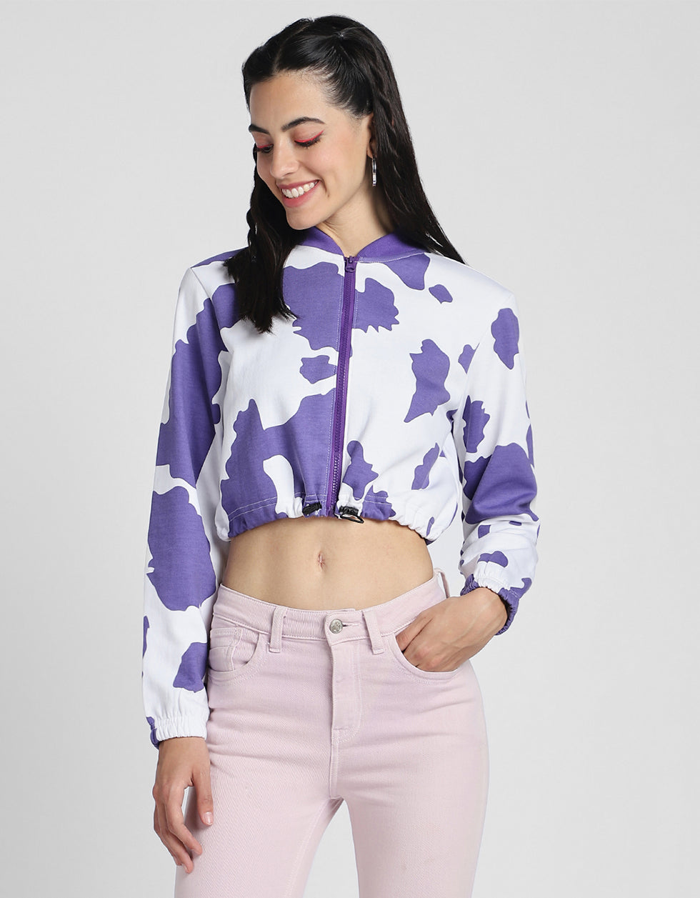 Cow Print Regular Fit Purple Zipper Crop Jacket