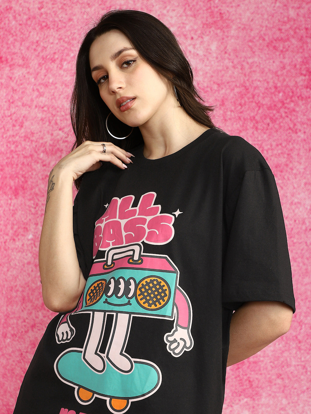 All Bass Black Oversized Graphic Printed T-Shirt