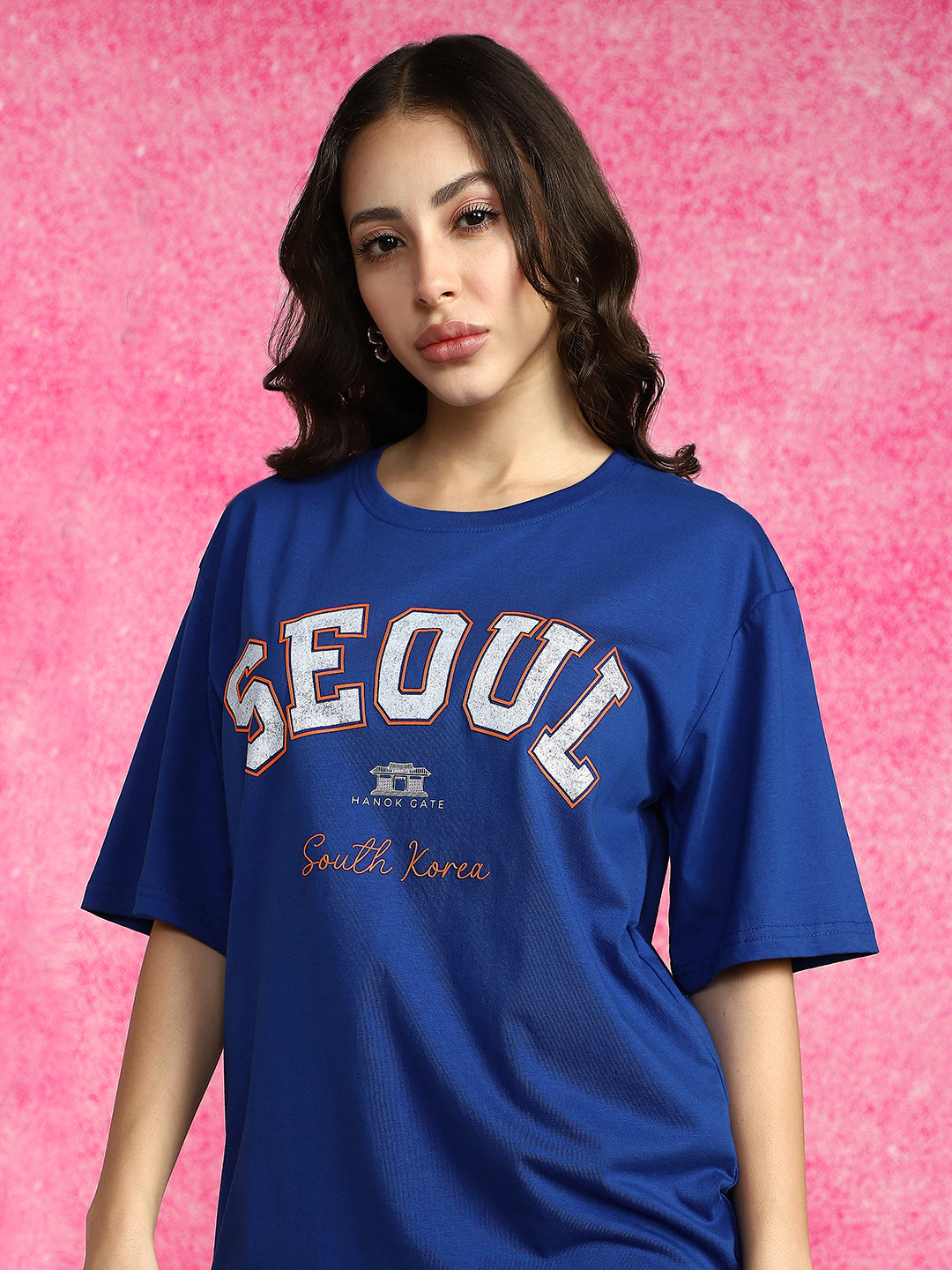Seoul Royal Blue Oversized Fit Graphic T-Shirt