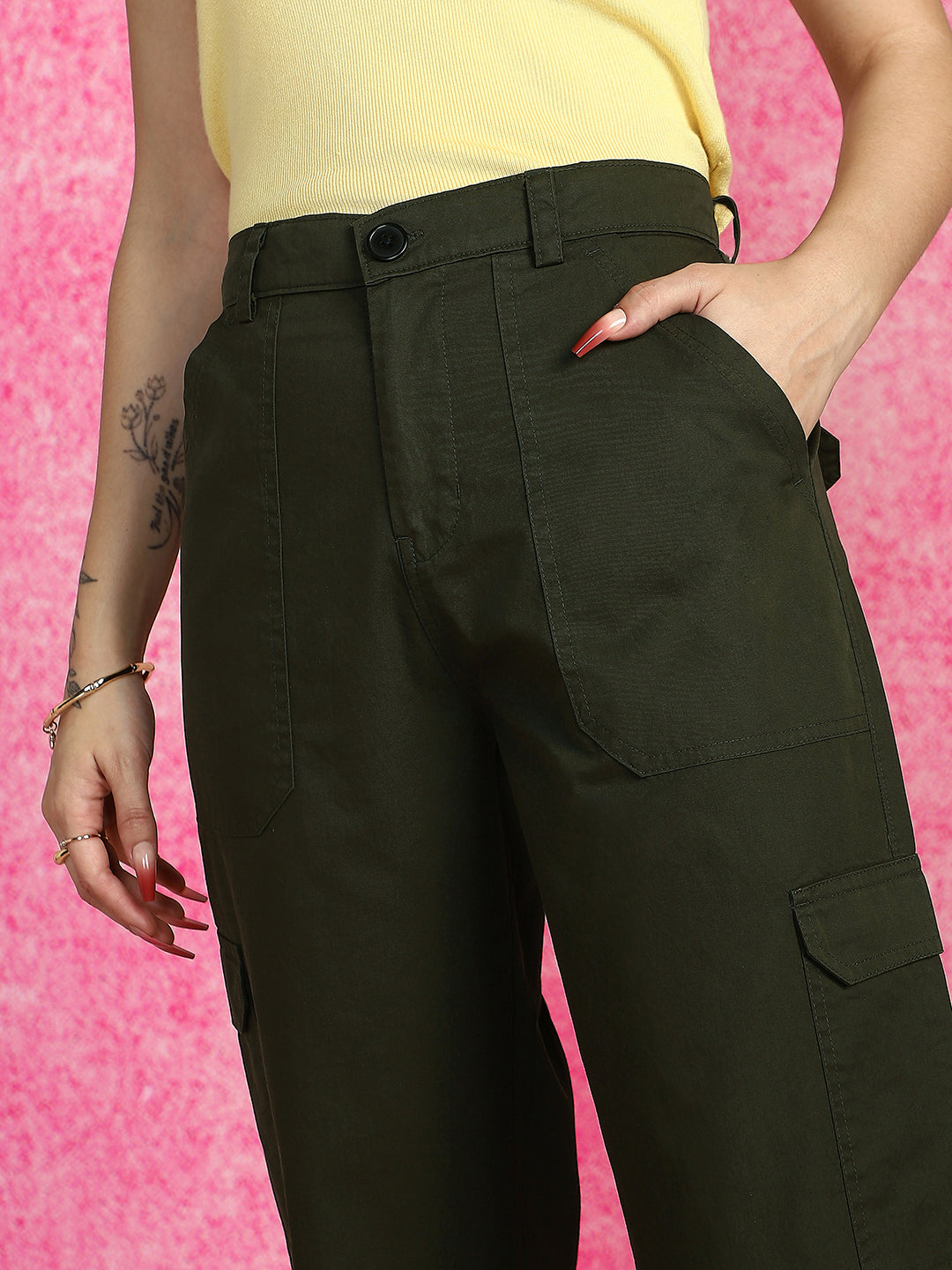 Olive Green Plain 5 Pocket Straight Fit Woven Cargo