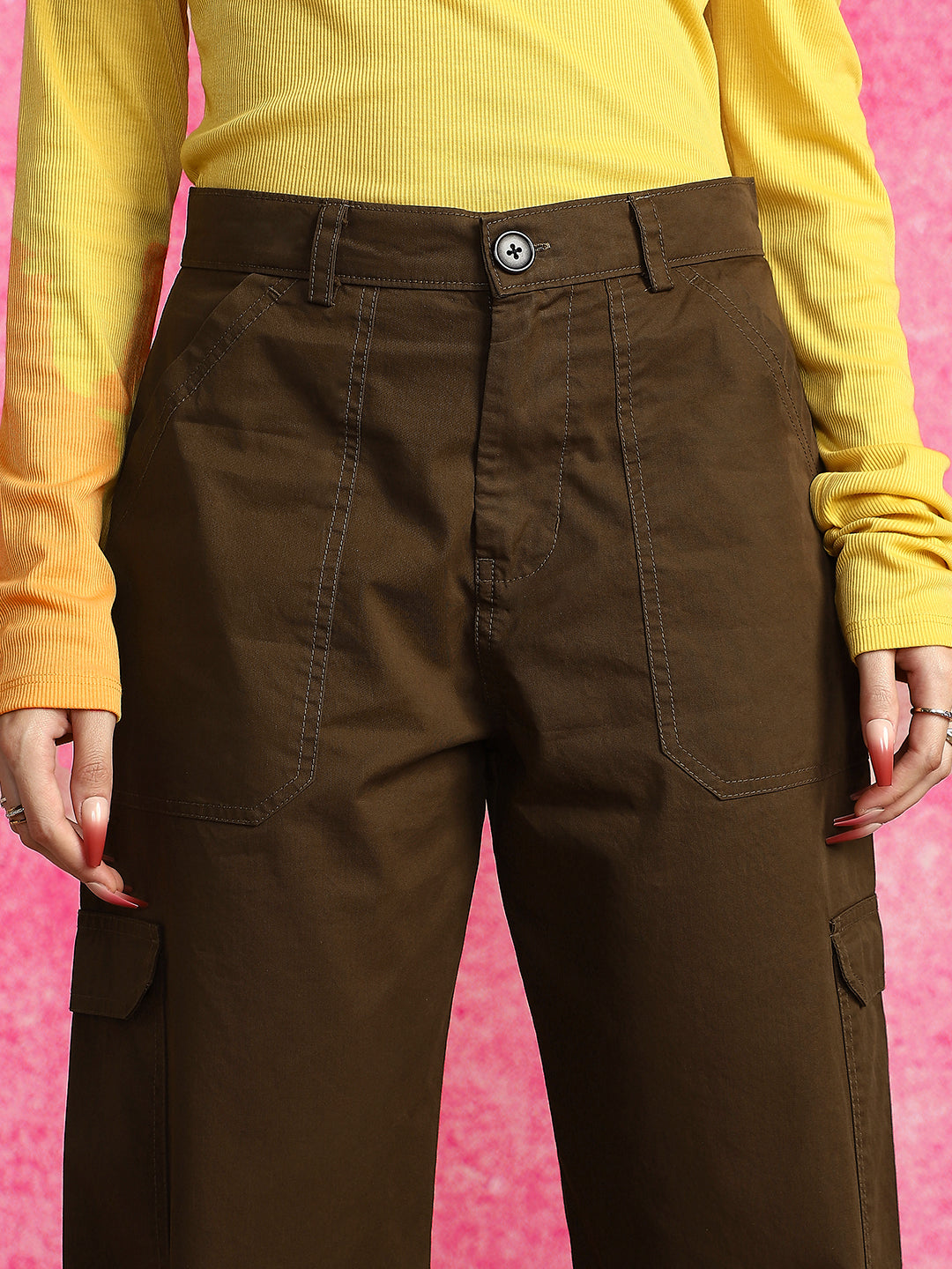 Brown Plain 5 Pocket Straight Fit Woven Cargo