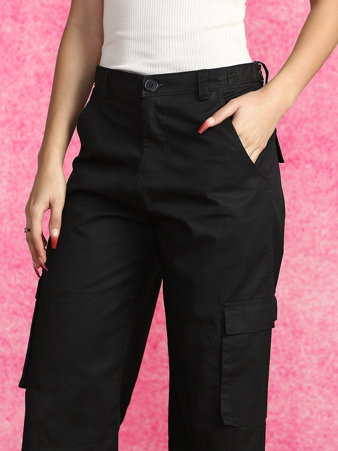 Black Plain 5 Pocket Straight Fit Woven Cargo