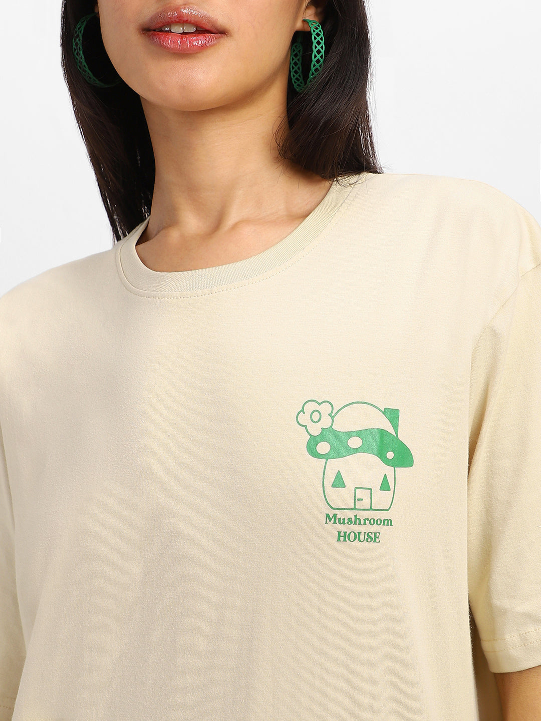 Mushroom Swan White Graphic Printed Oversized T-Shirt
