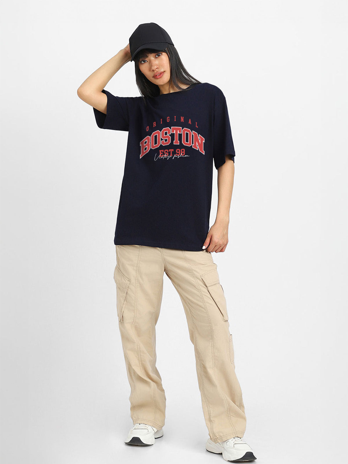 Boston Navy Graphic Printed Oversized T-Shirt