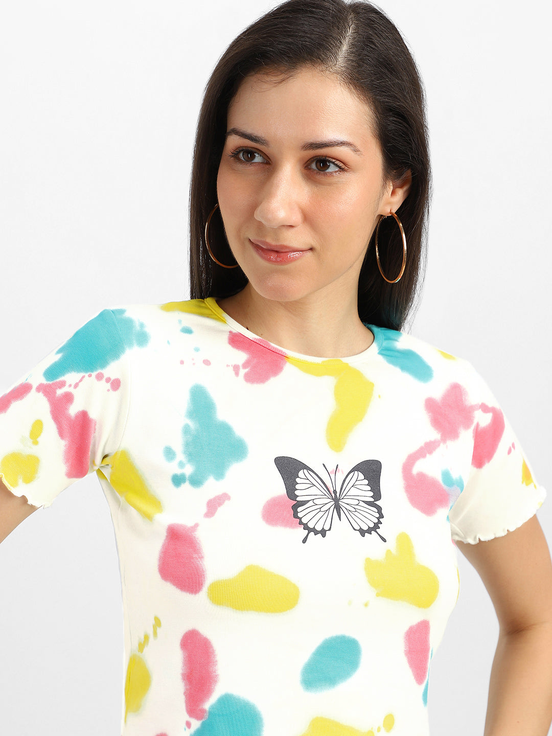 Butterfly White Tie-Dye Printed Crop-Top