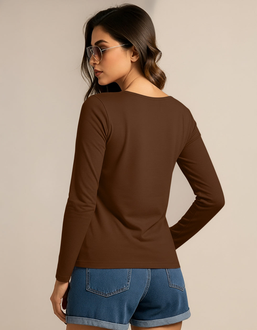 Brown V-Neck Plain Full Sleeve Regular Fit T-Shirt