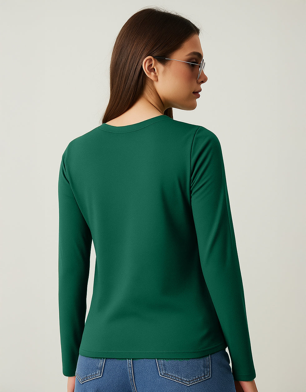 Green V-Neck Plain Full Sleeve Regular Fit T-Shirt