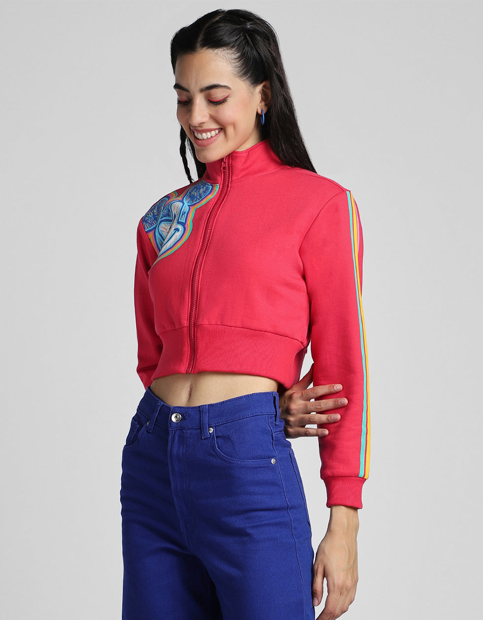 Mickey Mouse Printed Regular Fit Magenta Crop Jacket