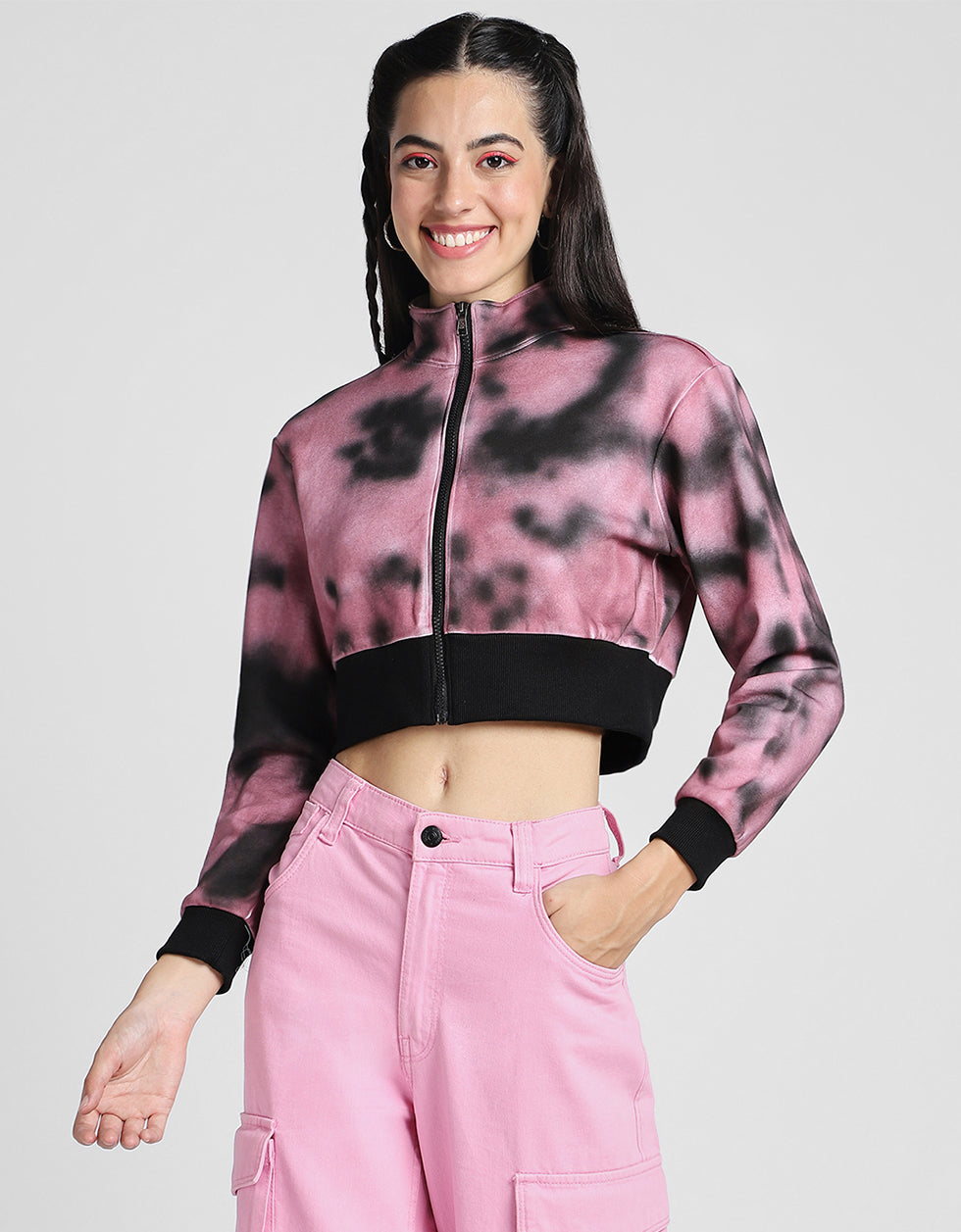 Babe Printed Tie-Dye Regular Fit Purple Zipper Crop Jacket