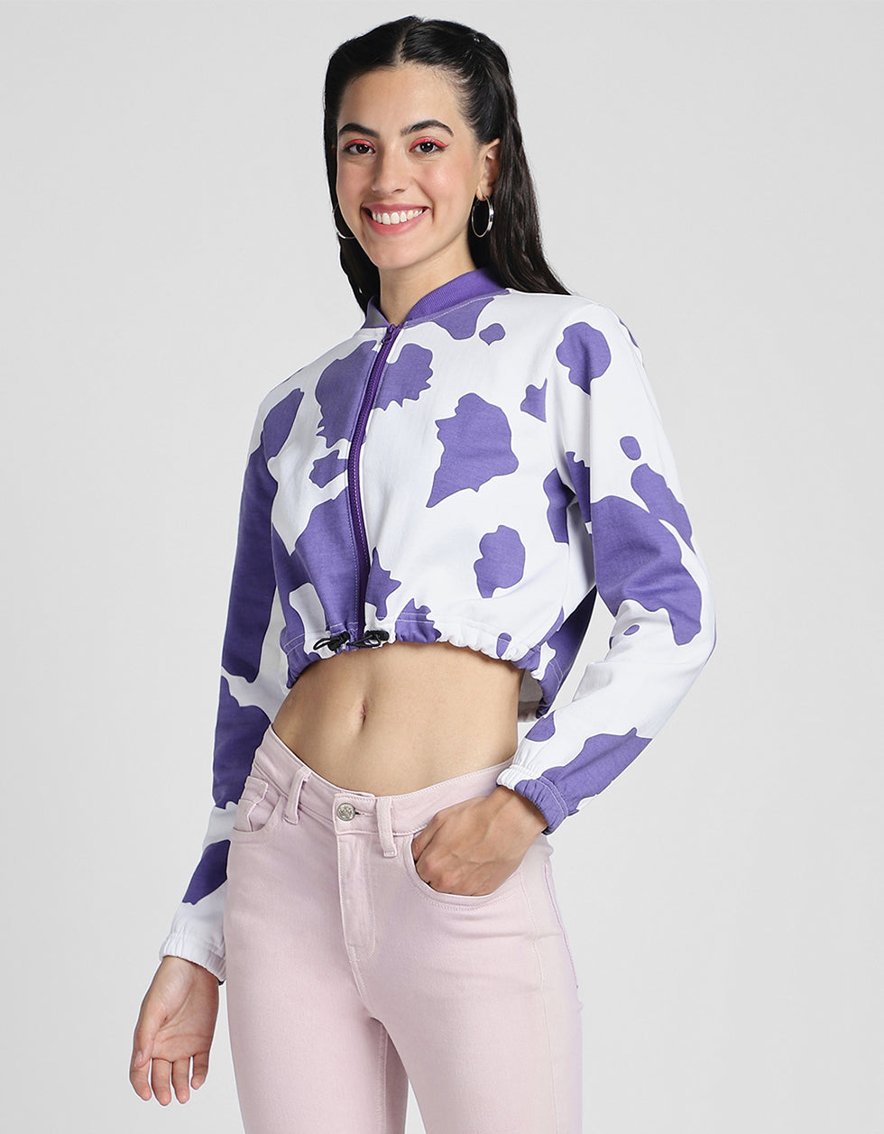 Cow Print Regular Fit Purple Zipper Crop Jacket