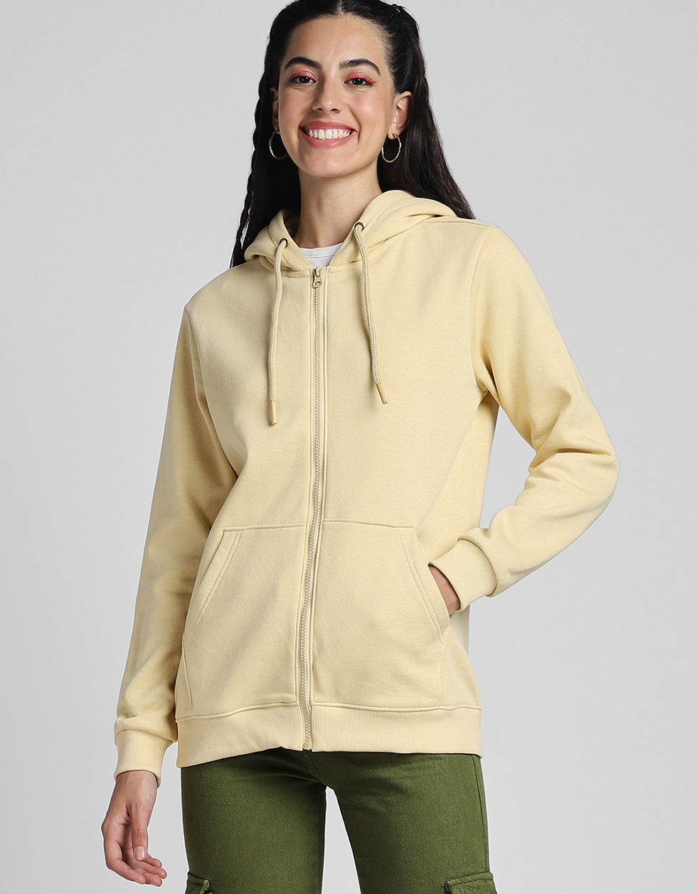 Plain Hooded Regular Fit Beige Zipper Jacket