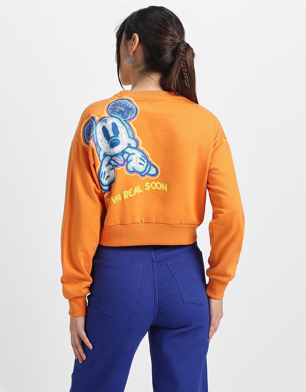 Mickey Mouse Graphic Printed Orange Oversized Sweatshirt