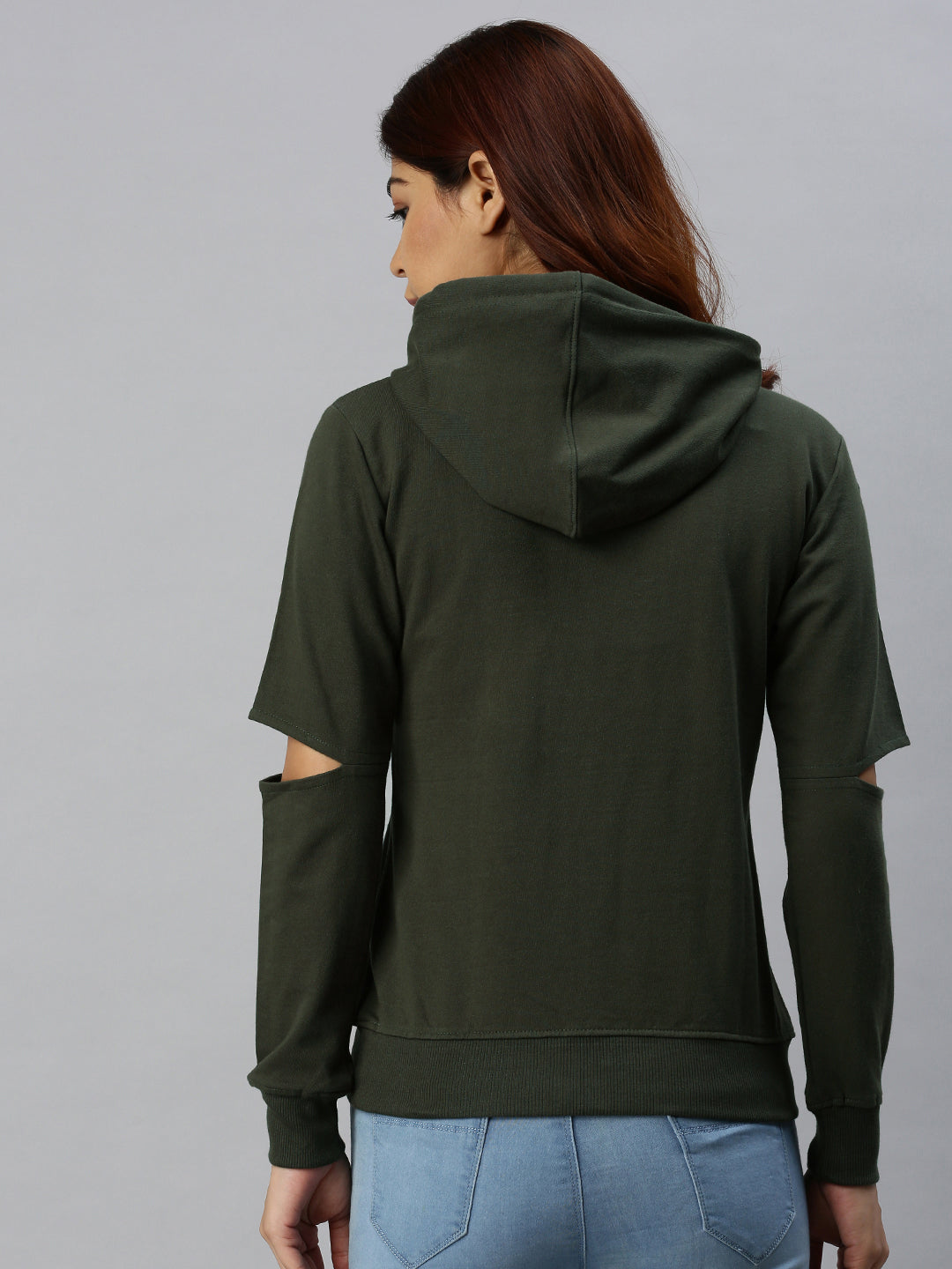 Plain Olive Elbow-Cut Regular Fit Hoodie