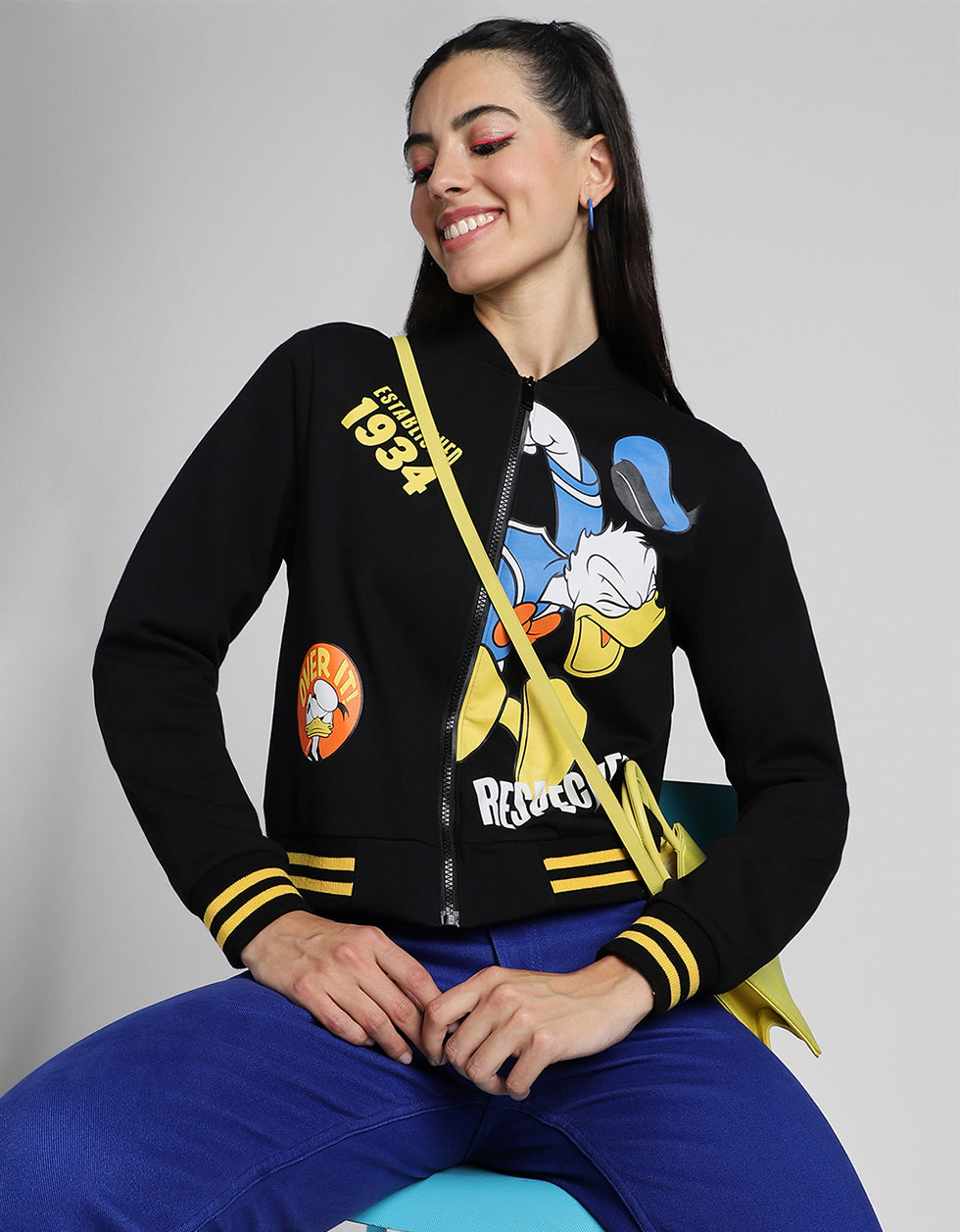 Donald Duck Graphic Printed Regular Fit Black Zipper Jacket