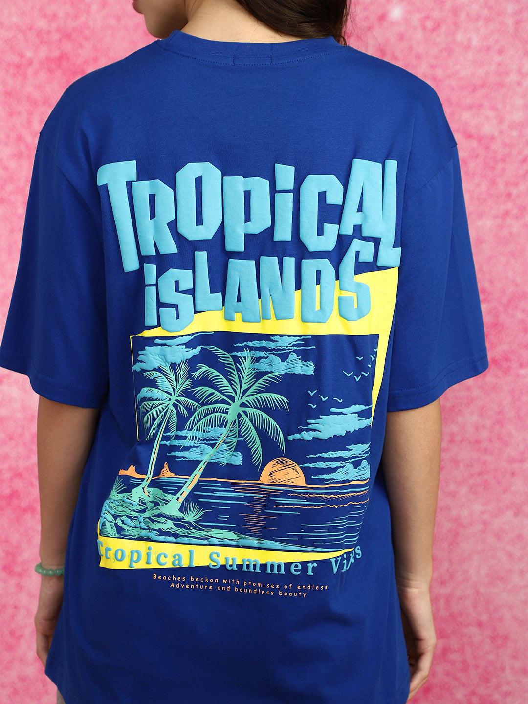 Tropical Island Royal Blue Oversized Fit Puff Printed T-Shirt