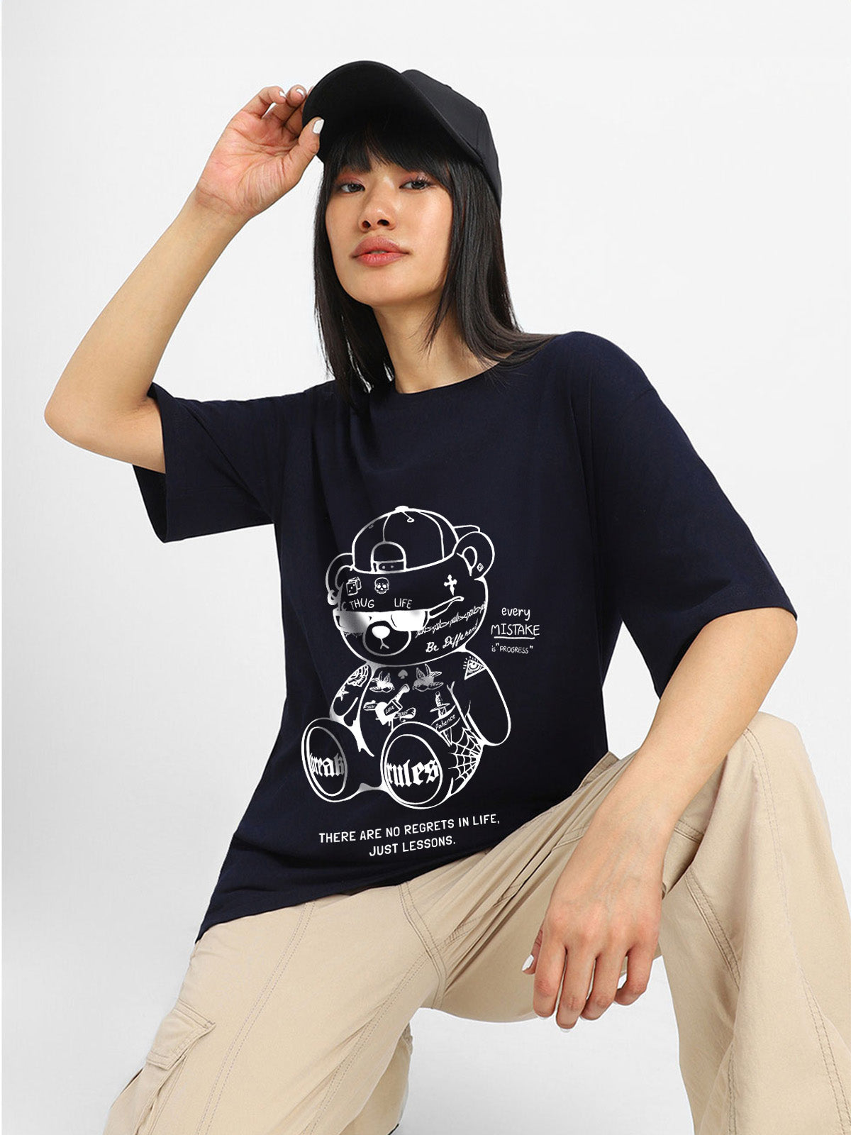 Break Rules Navy Graphic Printed Oversized T-Shirt