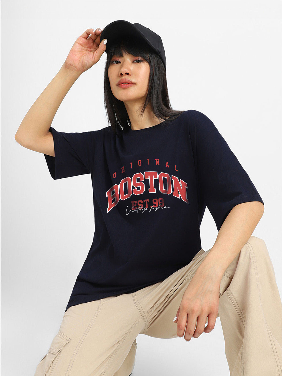 Boston Navy Graphic Printed Oversized T-Shirt