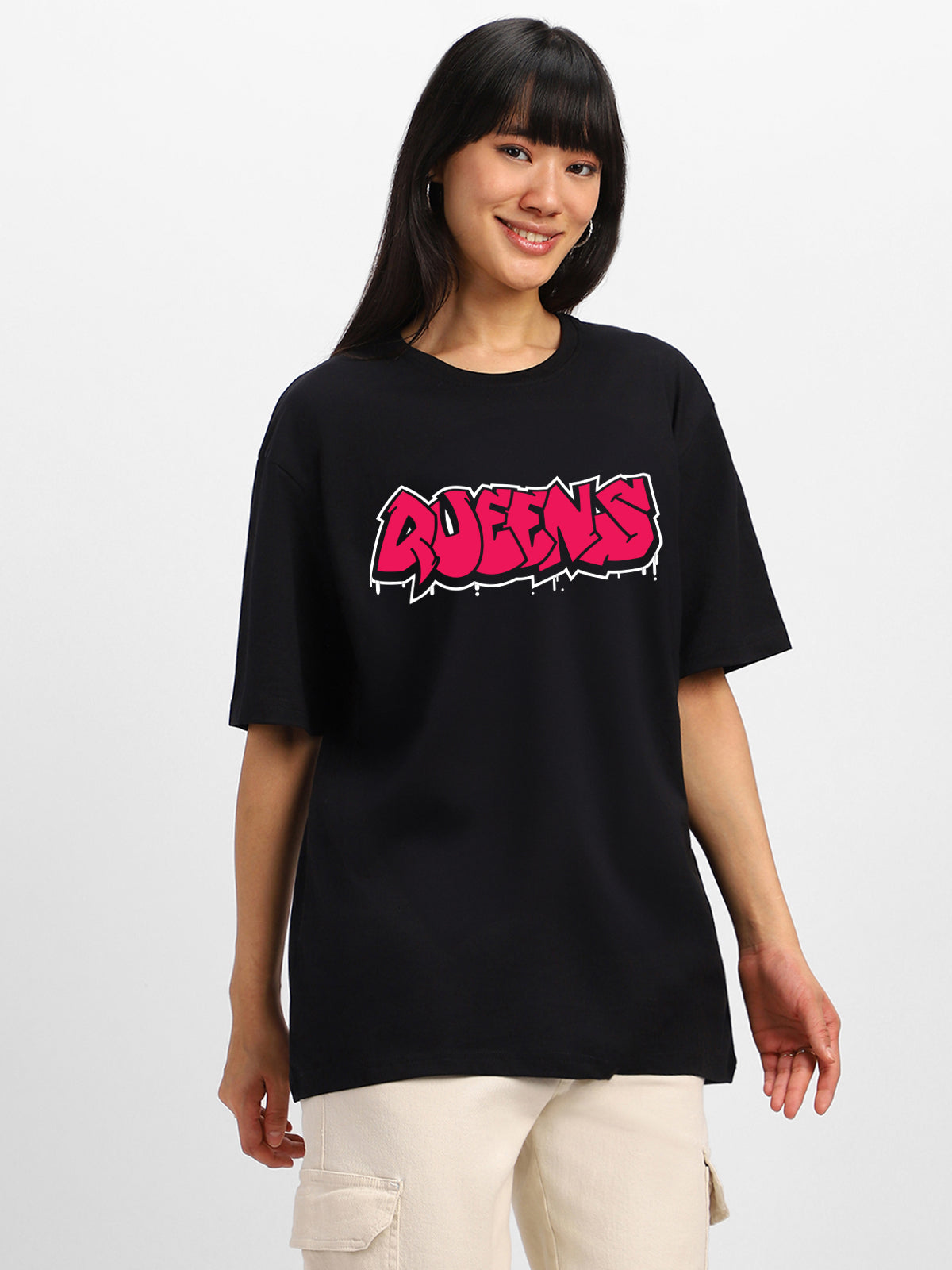 Queens Black Oversized Graphic T-Shirt