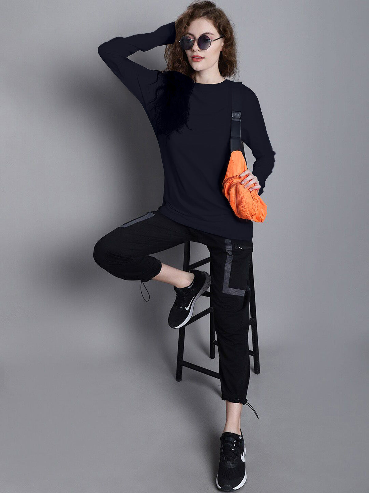 Navy Plain Full Sleeve Regular Fit T-Shirt