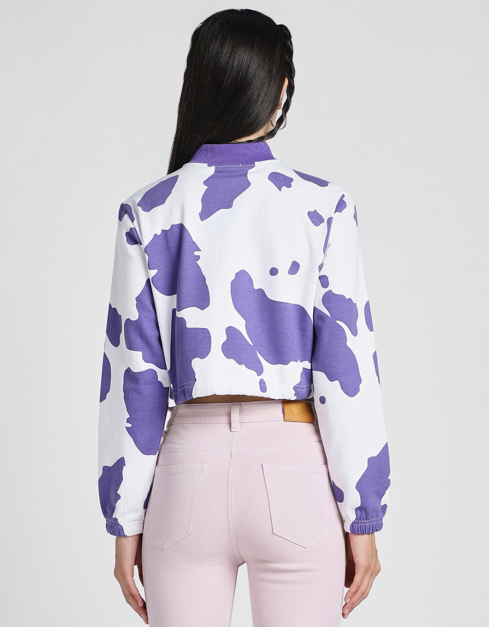 Cow Print Regular Fit Purple Zipper Crop Jacket