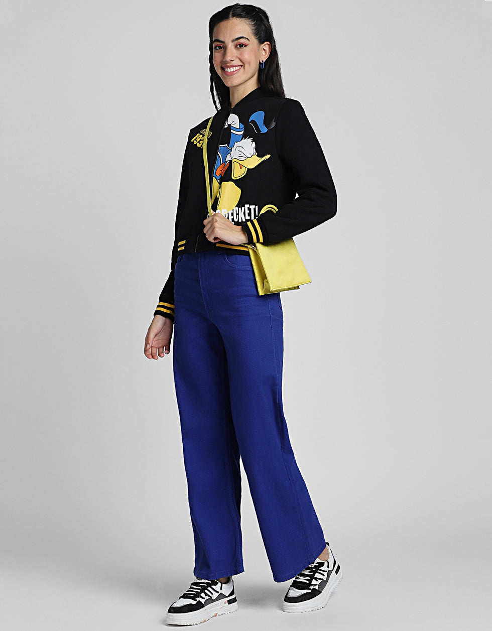 Donald Duck Graphic Printed Regular Fit Black Zipper Jacket