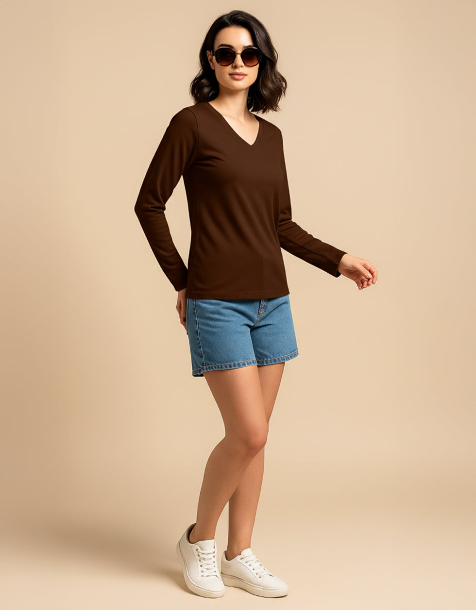 Brown V-Neck Plain Full Sleeve Regular Fit T-Shirt
