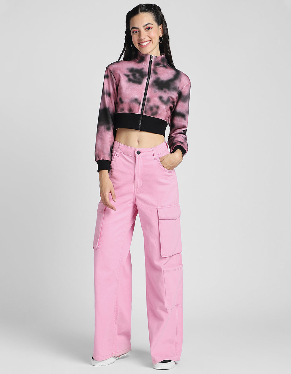 Babe Printed Tie-Dye Regular Fit Purple Zipper Crop Jacket