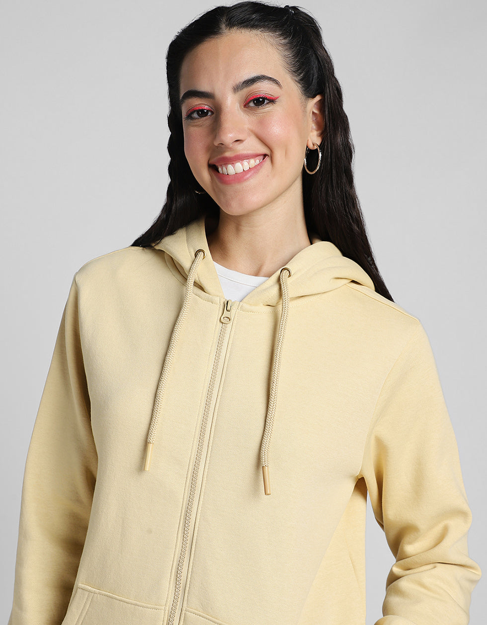 Plain Hooded Regular Fit Beige Zipper Jacket