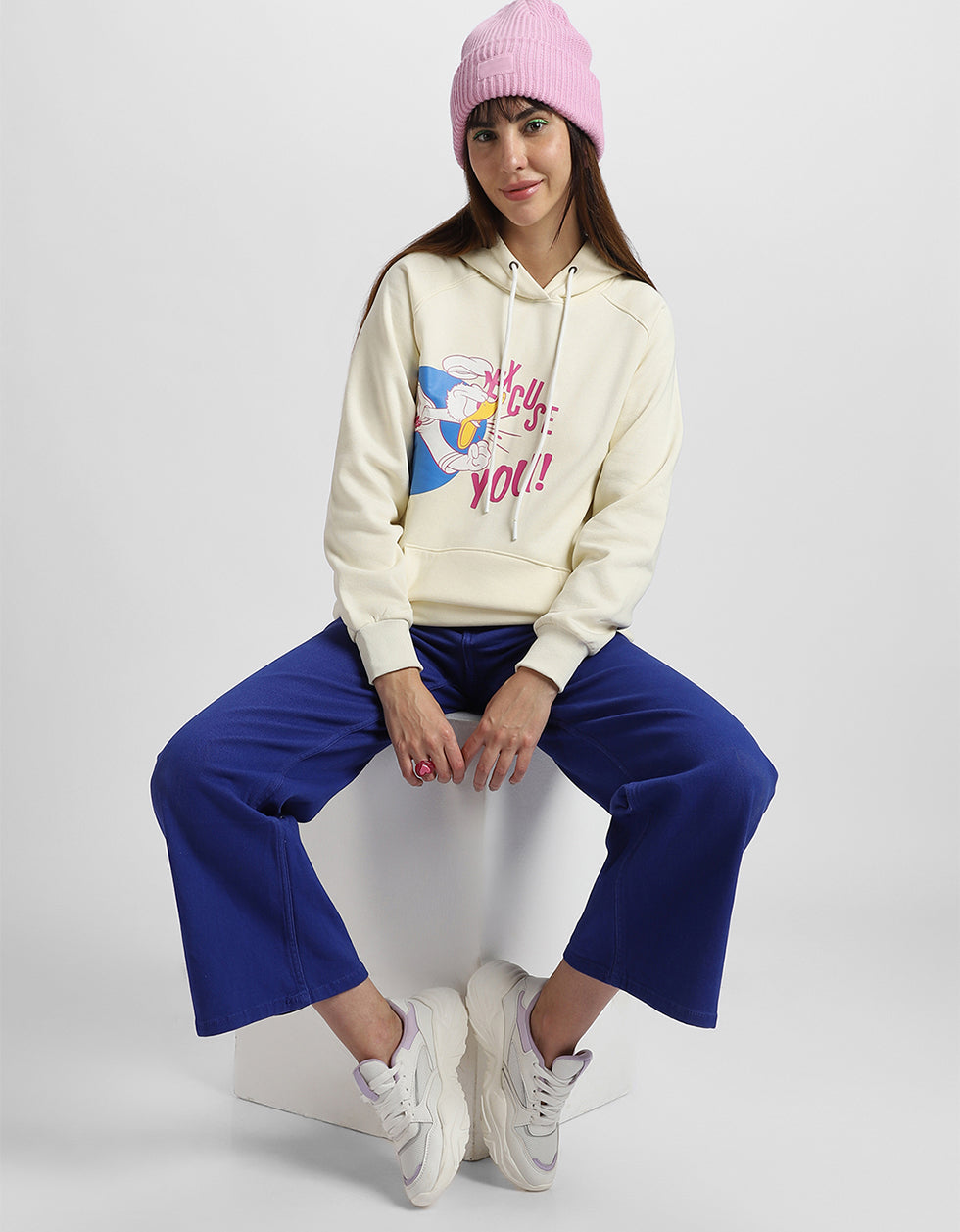 Donald Duck Graphic Printed Beige Regular Fit Hoodie