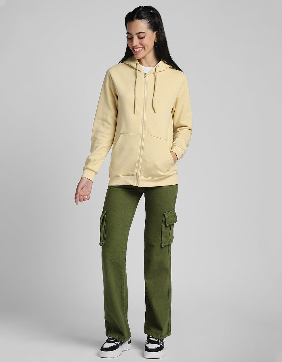 Plain Hooded Regular Fit Beige Zipper Jacket