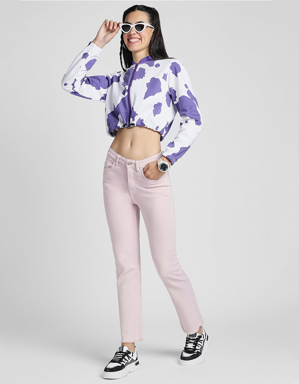 Cow Print Regular Fit Purple Zipper Crop Jacket