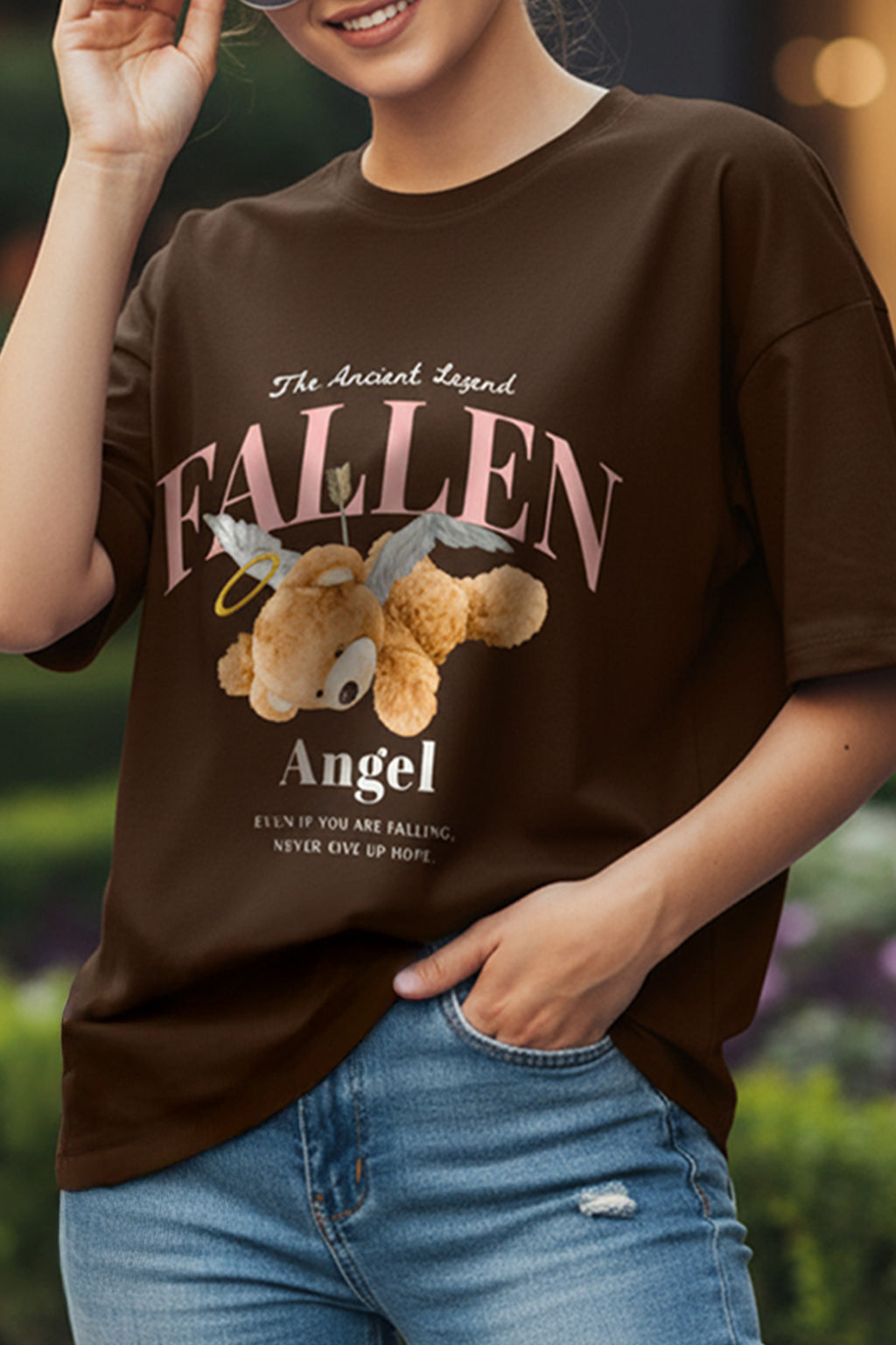 Fallen Angel Brwon Oversized Printed T-Shirt