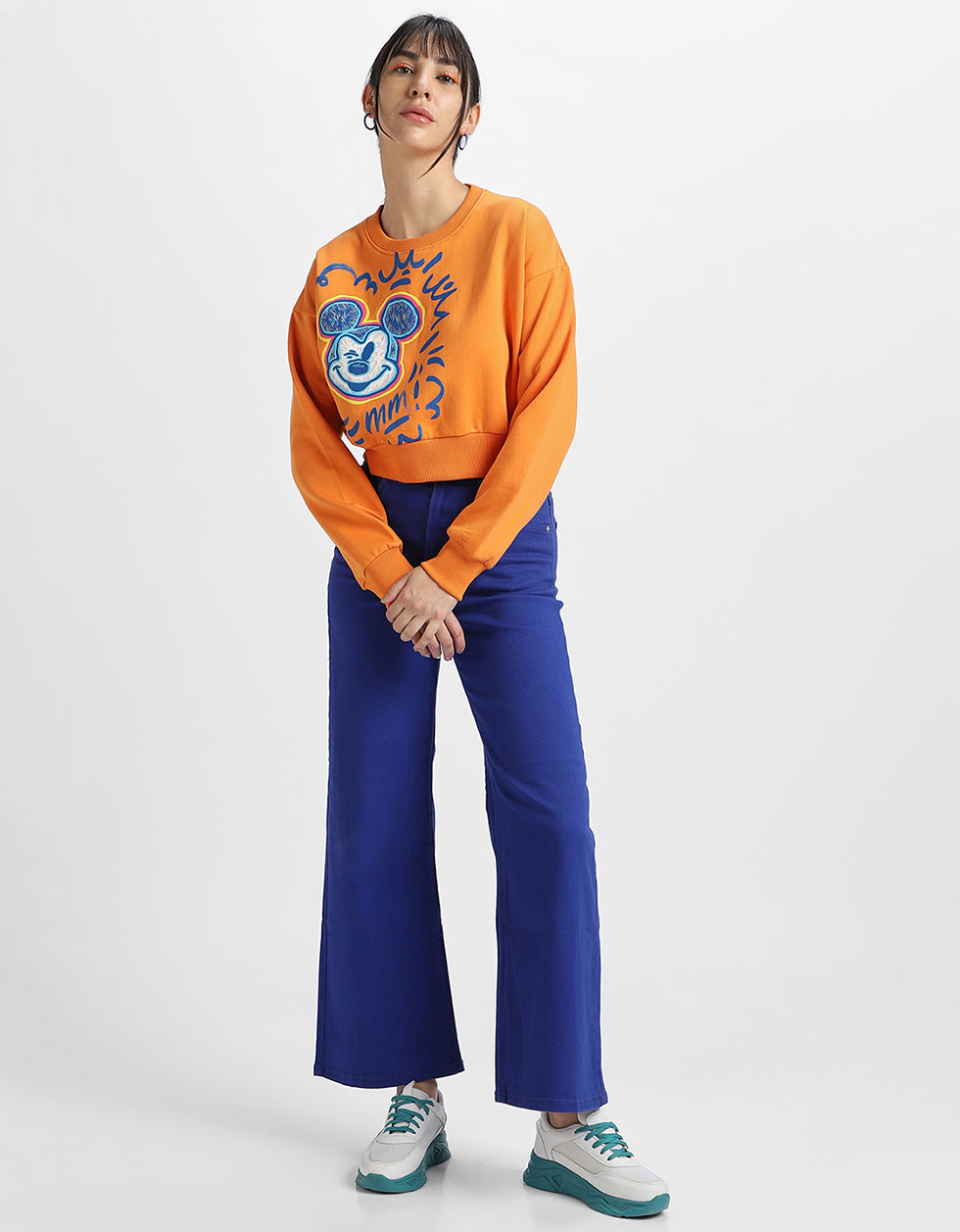 Mickey Mouse Graphic Printed Orange Oversized Sweatshirt