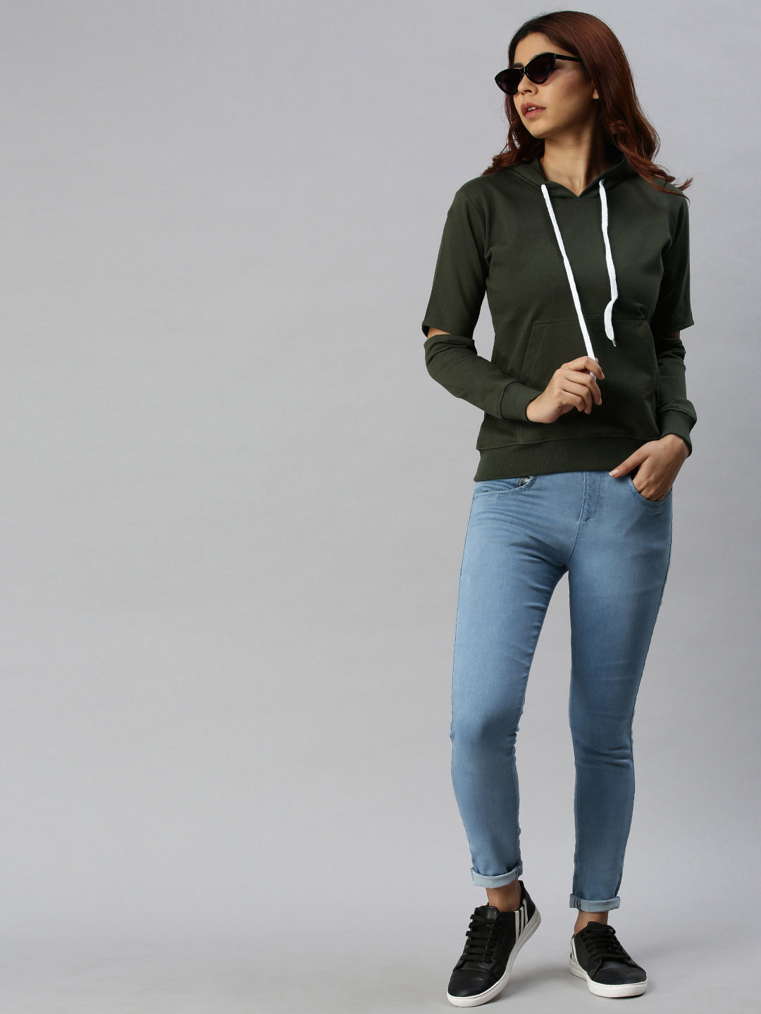 Plain Olive Elbow-Cut Regular Fit Hoodie