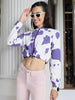 Cow Print Regular Fit Purple Zipper Crop Jacket
