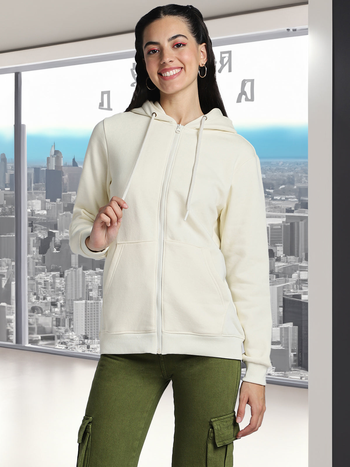 Plain Hooded Regular Fit Off White Zipper Jacket