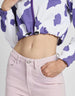 Cow Print Regular Fit Purple Zipper Crop Jacket