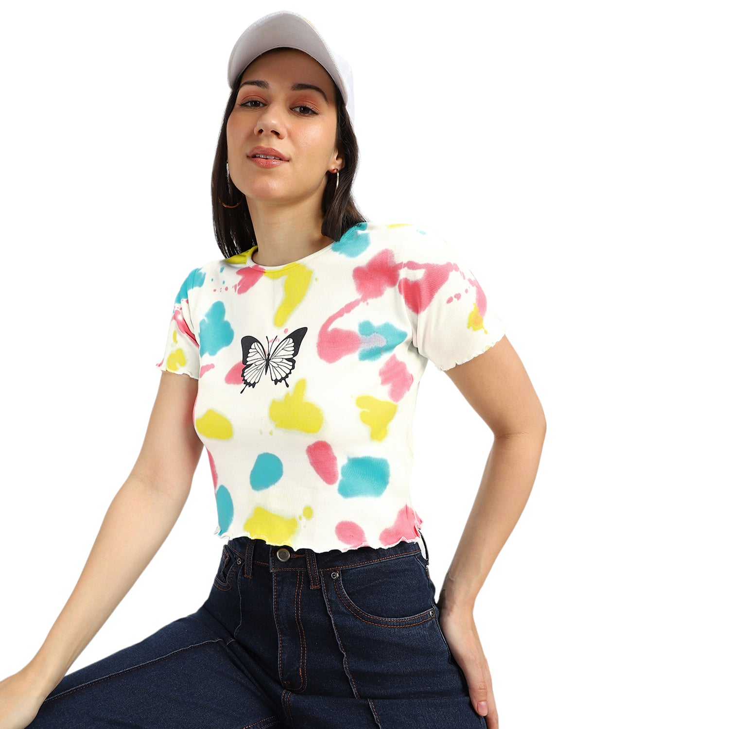 Butterfly White Tie-Dye Printed Crop-Top