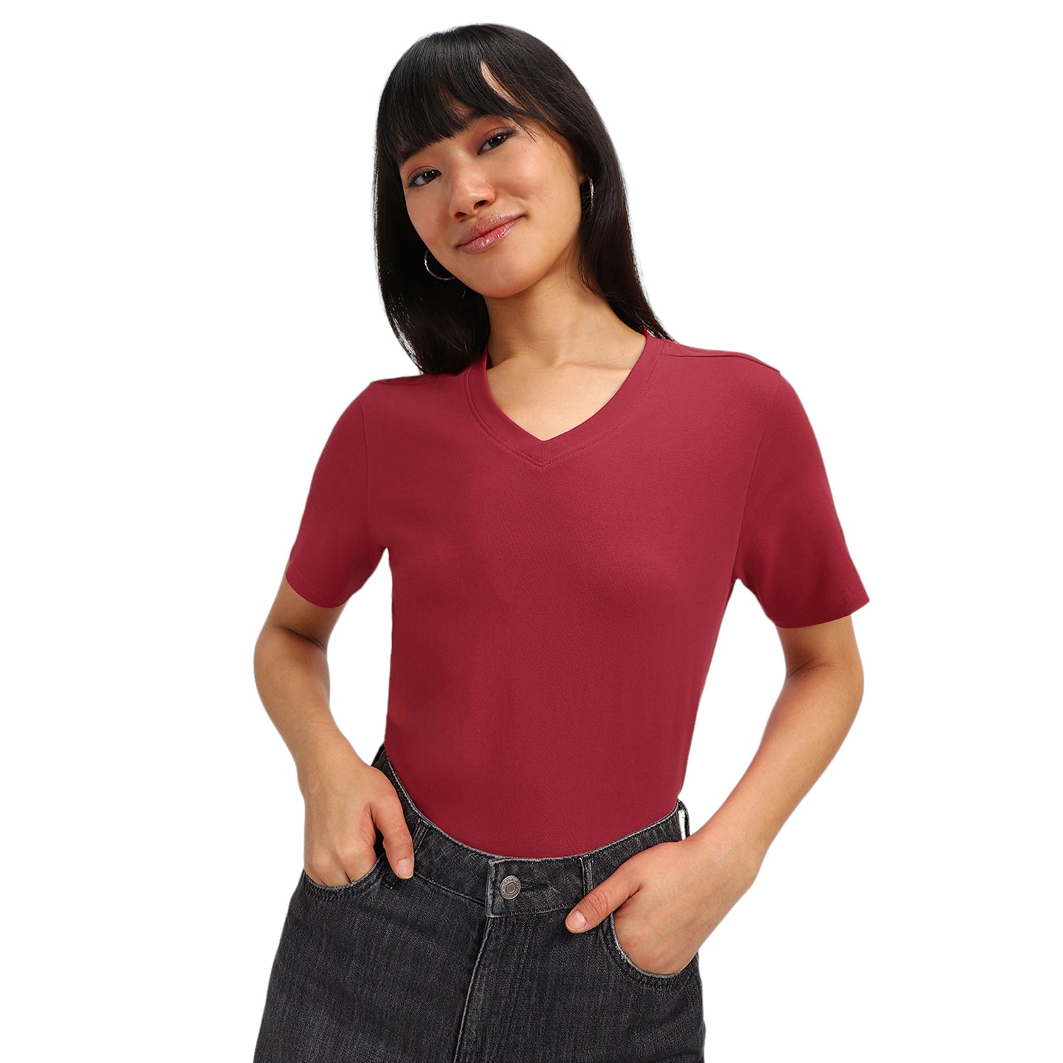 Maroon Plain V-Neck Regular Fit T-Shirt