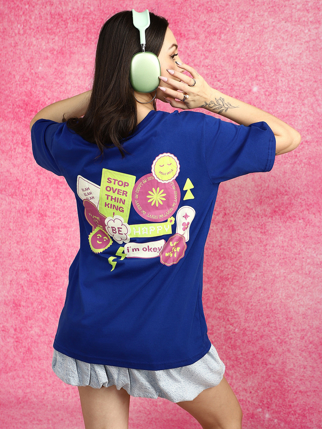Be Happy Royal Blue Oversized Fit Graphic T-Shirt